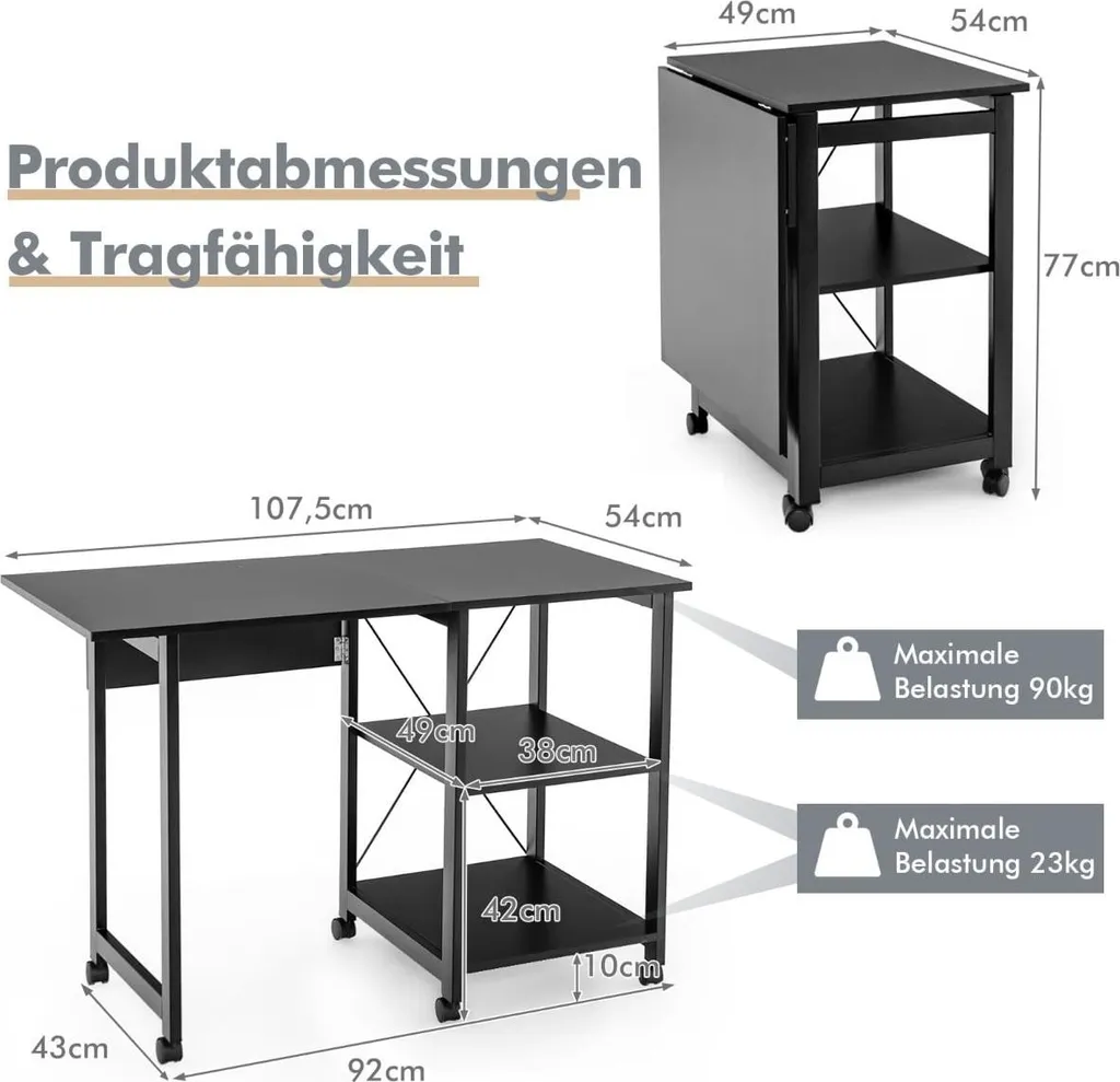 Bureau pliable à roulettes noir avec étagères de rangement multiniveaux