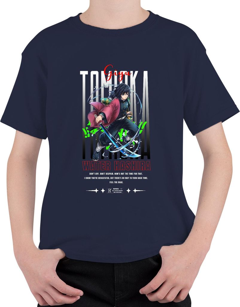 Giyu Tomioka Demon Slayer Water Hashira Katana Anime Cosplay Uni Kinder T-Shirt, Navy, 128