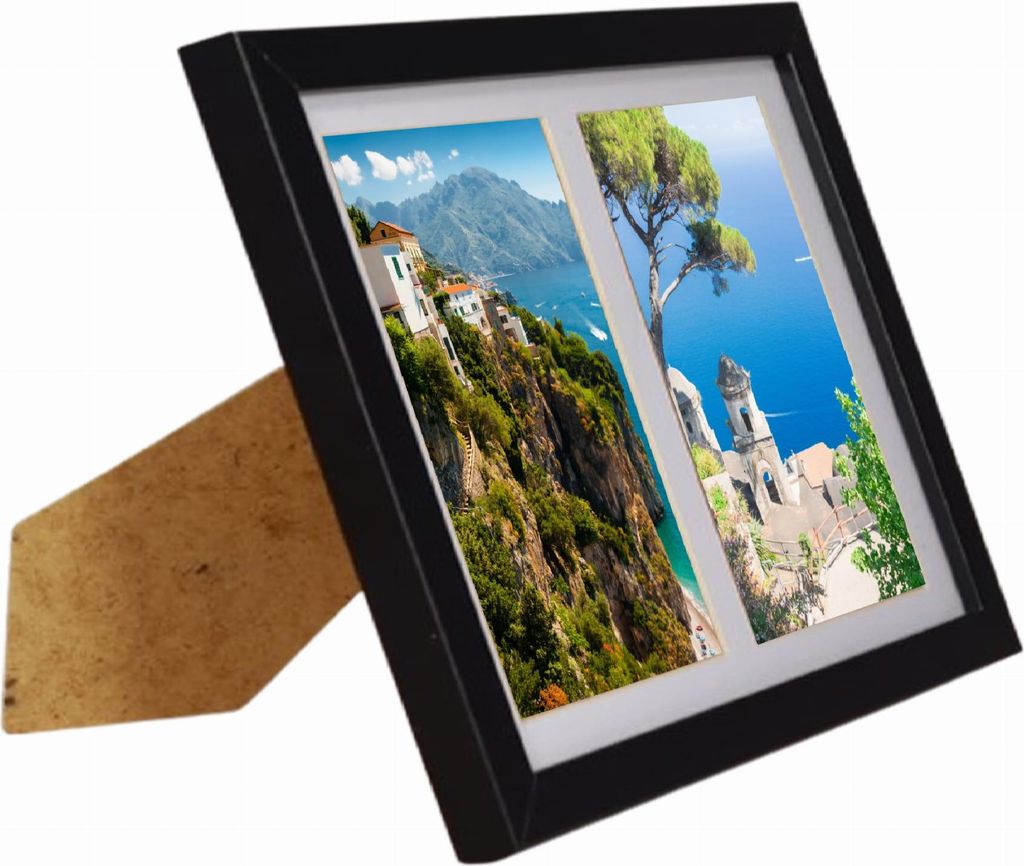 A black photo frame with two scenic pictures, standing on a white background.