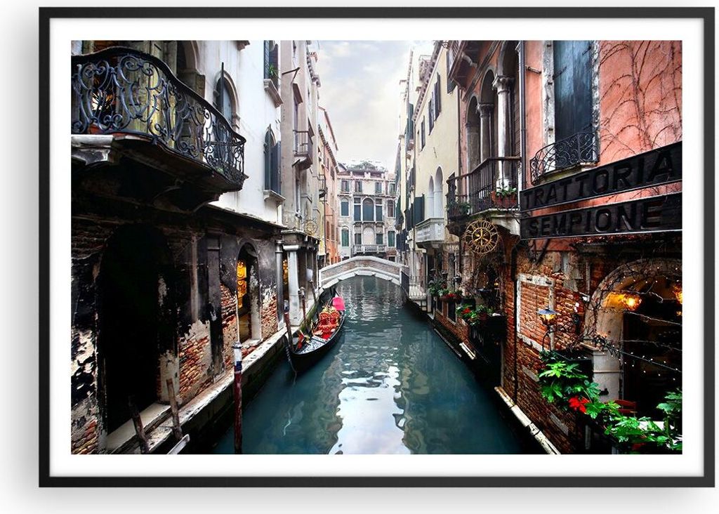 Gerahmtes Poster - Schwarzer Rahmen - Boot Brücke Tourismus Venedig - 100x70 cm - Wand Bild - Wanddeko - Wandbilder - Wandposter - Bilderrahmen - ...