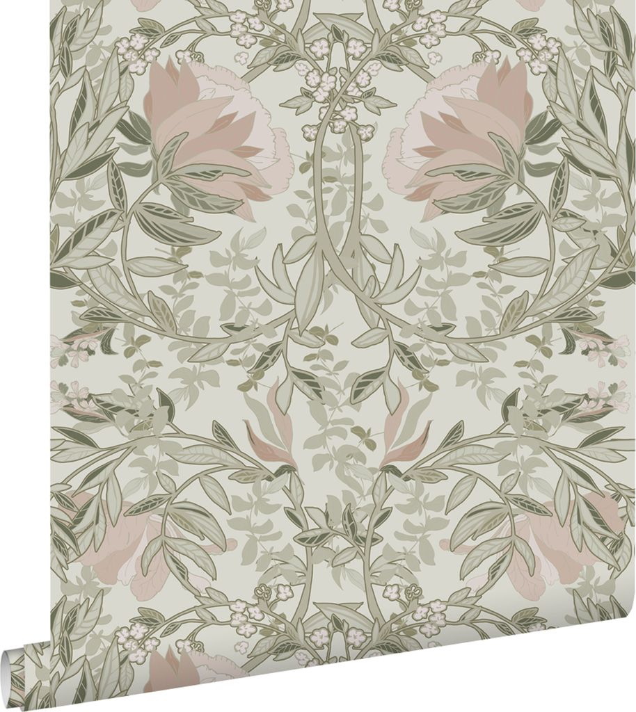 ESTAhome Tapete Blumenmuster im Jugendstil Sandbeige und Altrosa 53 cm x 10.05 m