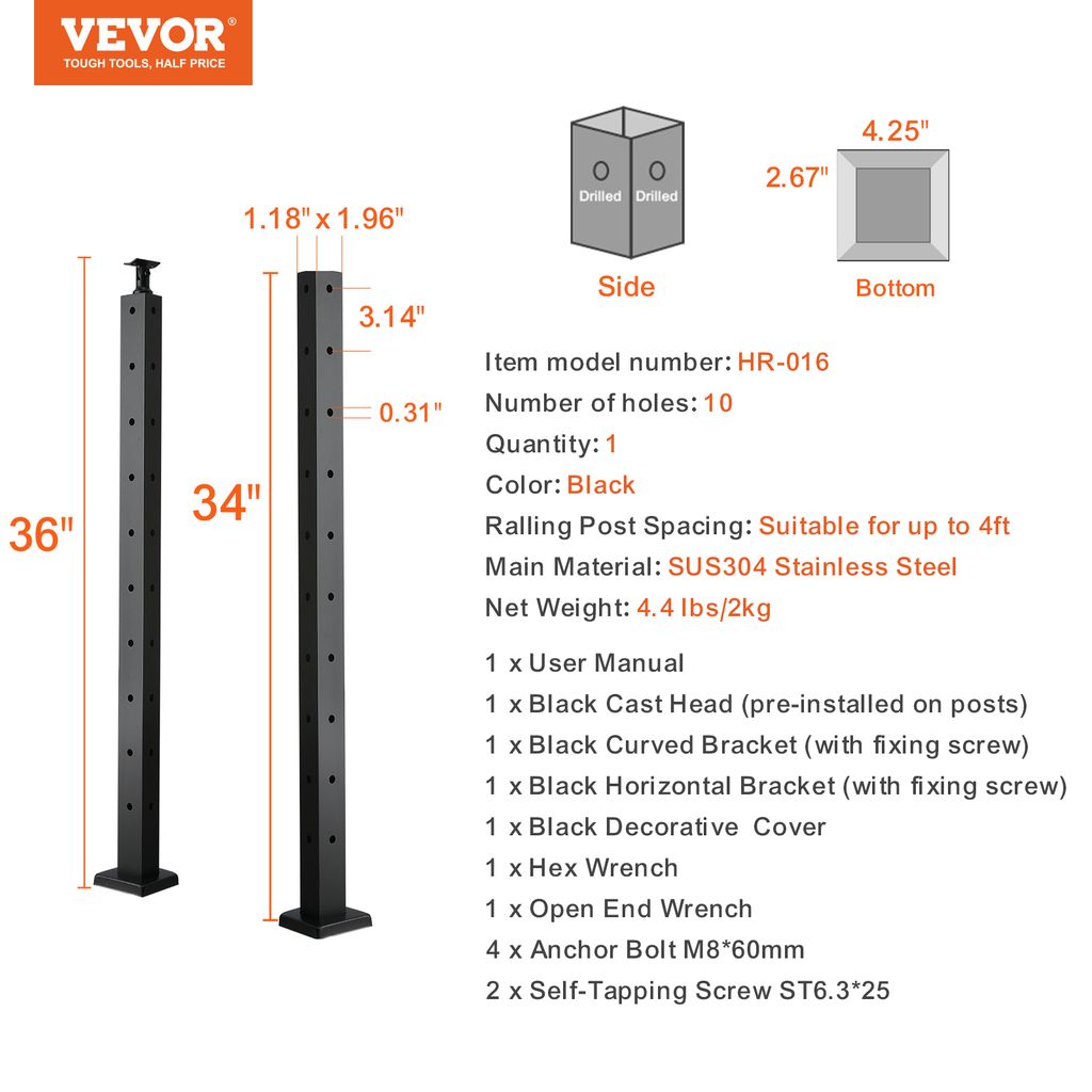 VEVOR sloupek kabelového zábradlí, 91,4 x 2,5 x 5,1 cm, Obrázek produktu 