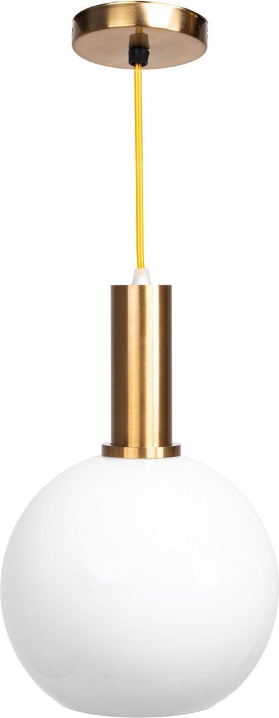 A pendant light with a white globe shade and a gold fixture.