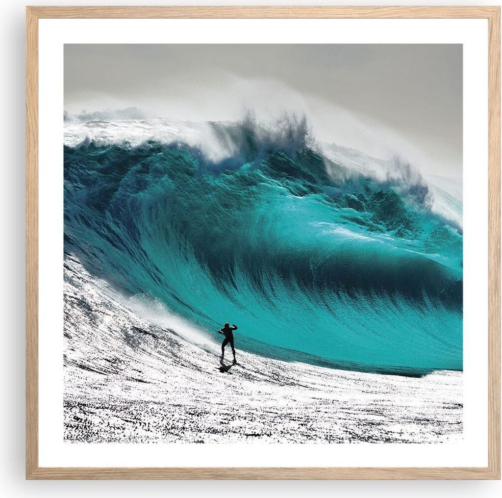 Gerahmtes Poster - Rahmen in heller Eiche - Surfen Welle Türkis - 60x60 cm - Wand Bild - Wanddeko - Wandbilder - Wandposter - Bilderrahmen - Bilde...