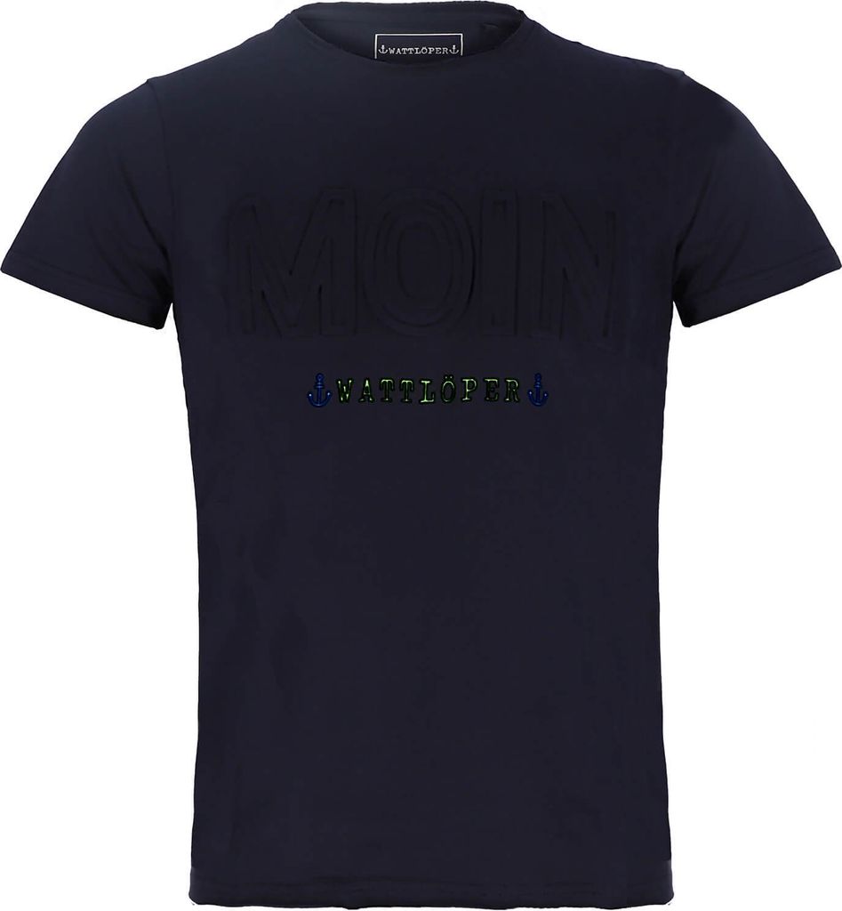 Wattlöper Herren T-Shirt mit PopUp-Schriftzug Moin - Modisches Kurzarm-Shirt mit langem Schnitt in Marine Größe L