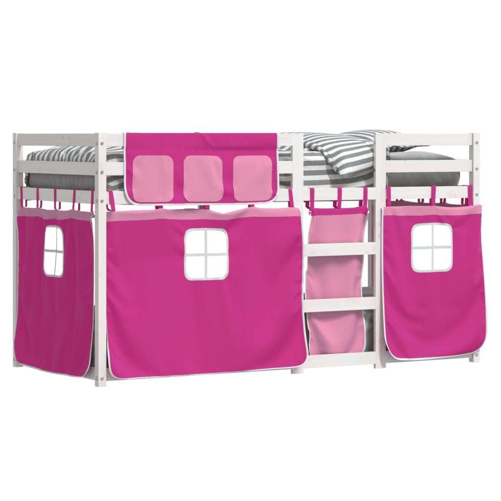 (NEU 2026) Etagenbett/Jugendbett, mit Vorhängen ,Rosa 90x200 cm - Massivholz Kiefer - Klassische Betten - 33.97 kg