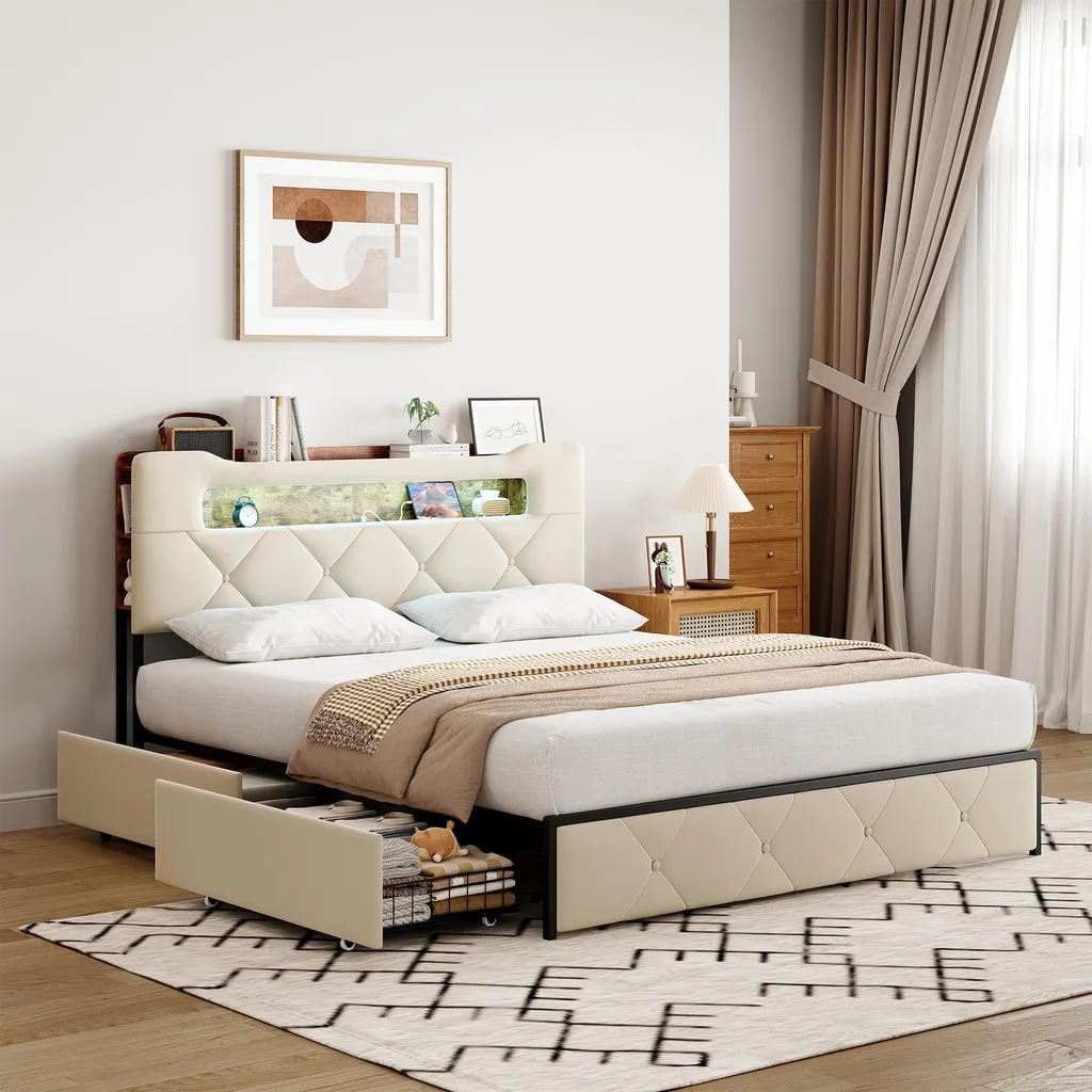 Lit coffre 160x200 cm velours beige avec LED et 4 tiroirs - Modèle LUNA