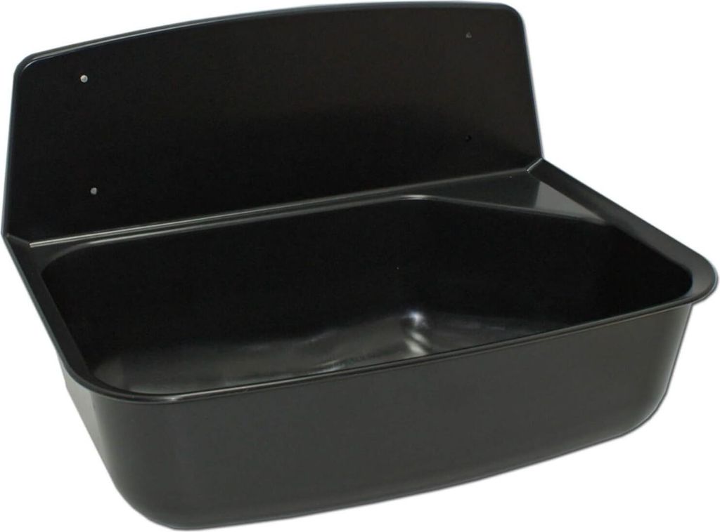 A black plastic sink basin with a raised back panel, mounted on a white background.