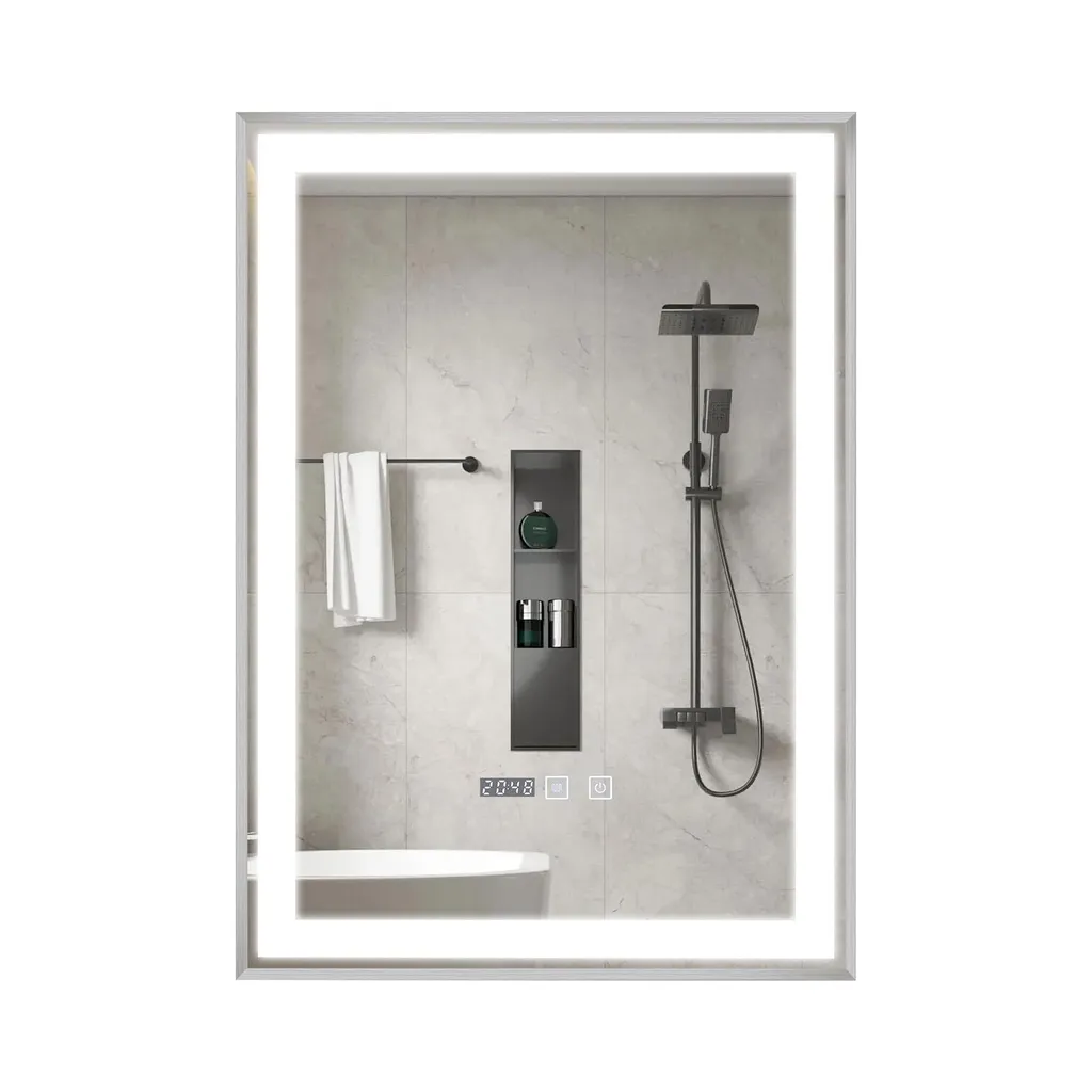 Miroir LED Antibuée 50x70 : Fini la Buée avec Horloge et Variateur