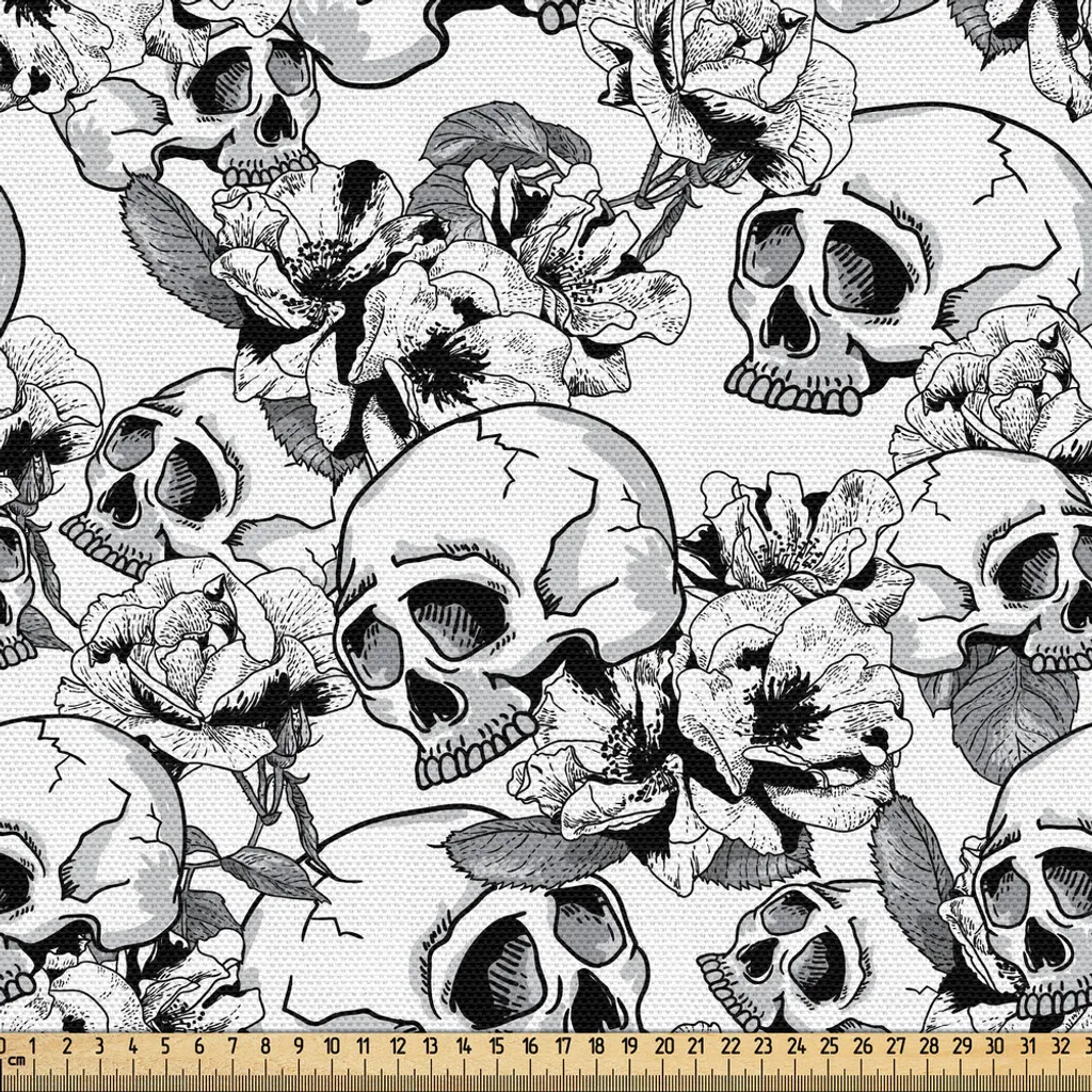 Tissu au Mètre ABAKUHAUS Jour des Morts Calaveras Noir et Blanc 3m