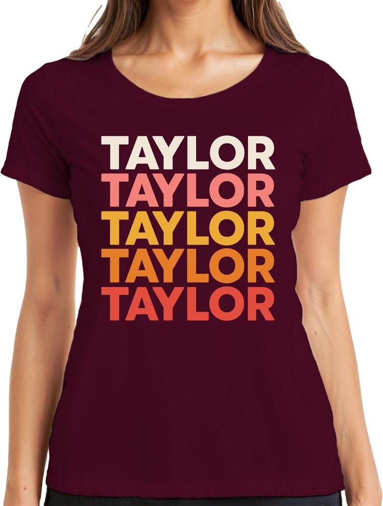Taylor Schriftzug Gestapelt Swiftie Mehrfarbig Vintage Fanartikel Damen T-Shirt, Burgundy, XL