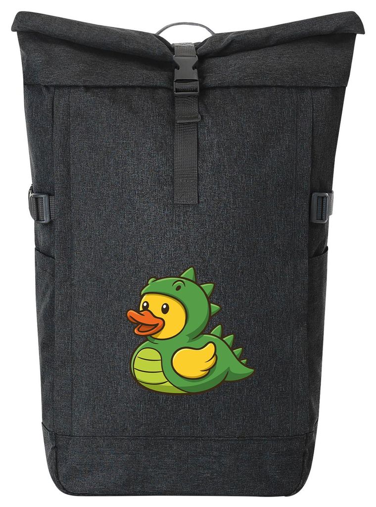 Huuraa Kurierrucksack Quietscheente Dinosaurier Gummiente Gärtnerin 30-44 Liter Black Melange Fairtrade Rolltop Rucksack Geschenkidee