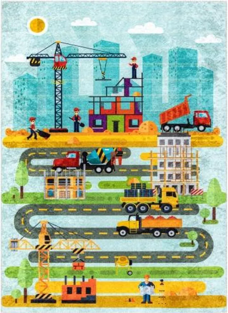 Tapis enfant anti-tache et facile à nettoyer, motif chantier 160x220cm