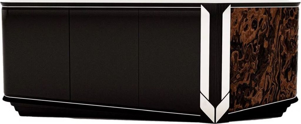Casa Padrino Luxus Designer Sideboard mit 4 Türen Schwarz / Braun / Silber 230 x 54 x H. 85 cm - Luxus Möbel - Designer Möbel - Esszimmer Möbel...