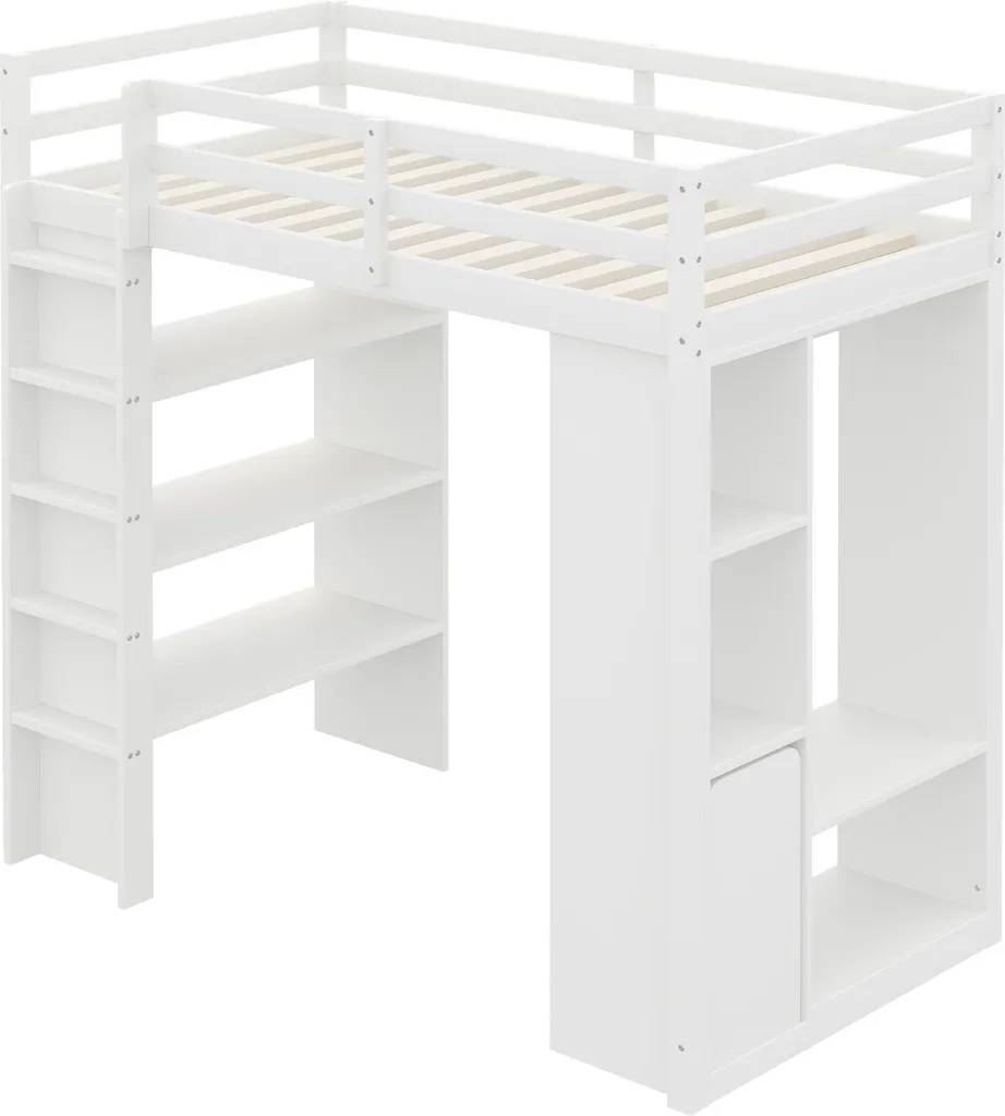 Lit superposé 90x200cm blanc avec penderie latérale et étagère de rangement - 7