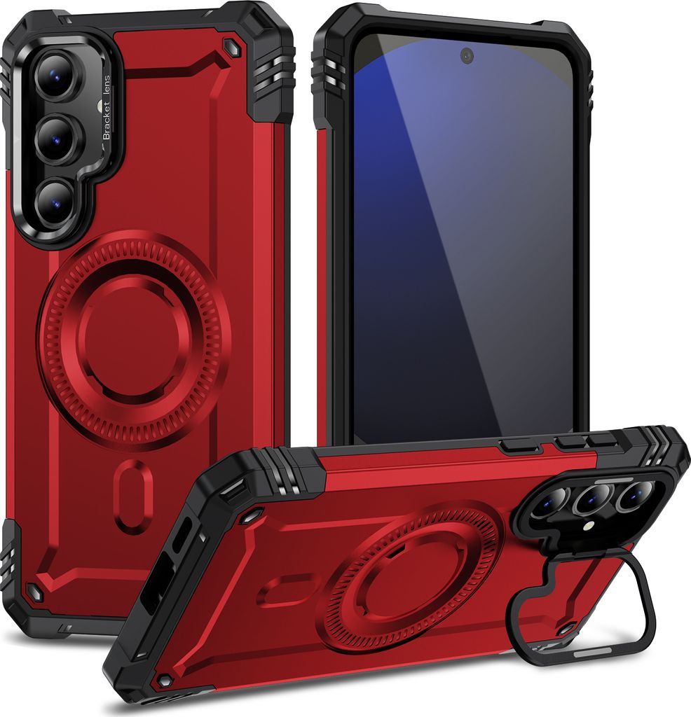 Magnetisch Hülle für Samsung Galaxy S24 FE, Heavy Duty Militärischer Stoßfest Handyhülle Kamera-Ringständer Rot