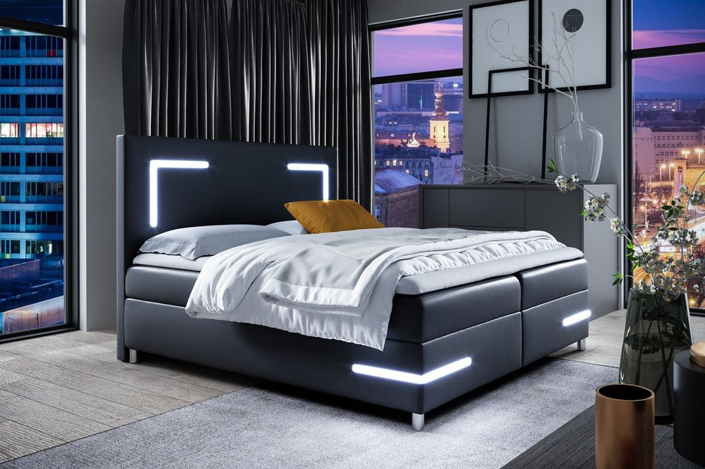 Polsterbett mit Beleuchtung KAZIMA – 200x200, Schwarz + GRATIS Topper