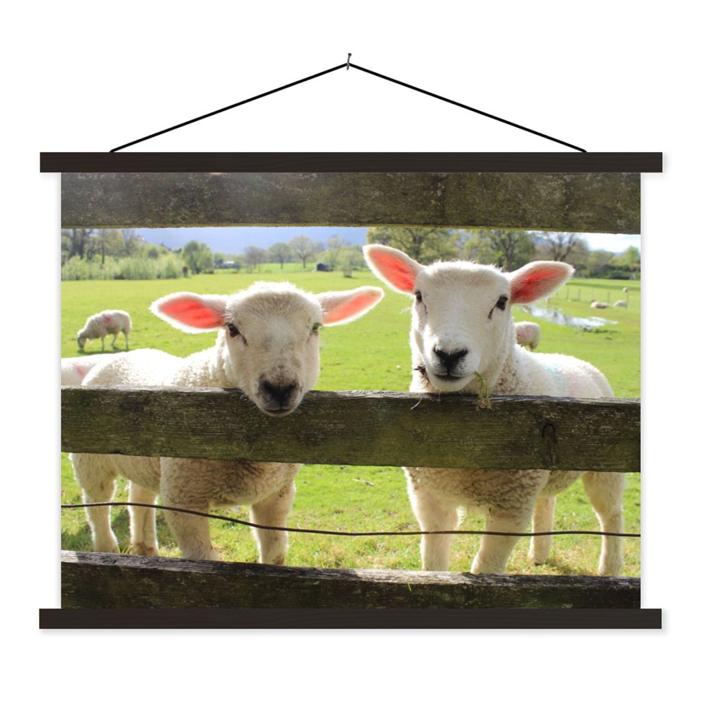 MuchoWow Textilposter Schafe - Tiere - Bauernhof 150x113 cm mit holzfarbenen Rahmen - Poster
