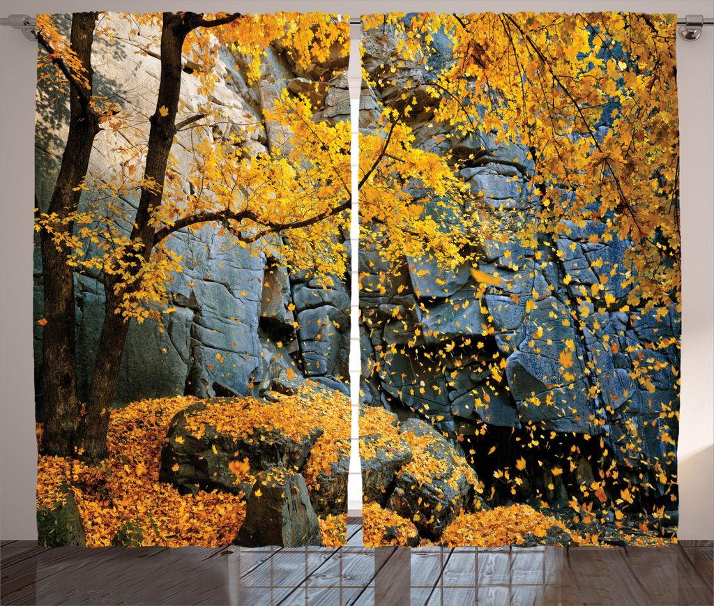 ABAKUHAUS Baum Rustikaler Gardine, Ahorn fallende Blätter, Schlafzimmer Kräuselband Vorhang mit Schlaufen und Haken, 280 x 225 cm, Graue Orange