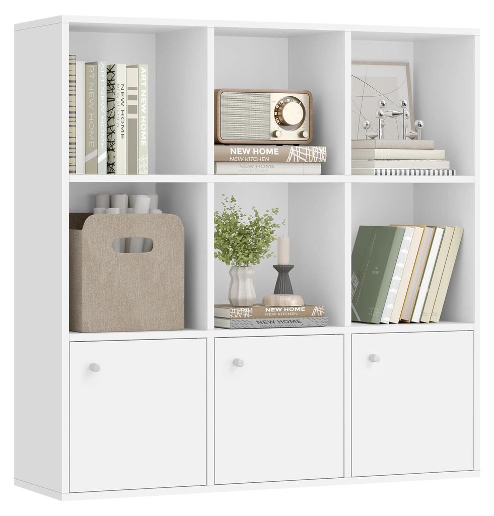 Bücherregal/Standregal - 3 Ebenen mit Türen - 98 x 29 x 97,8 cm - Spanplatte - Minimalistisch Modern - Selbstmontage - Wohnzimmer - Weiß