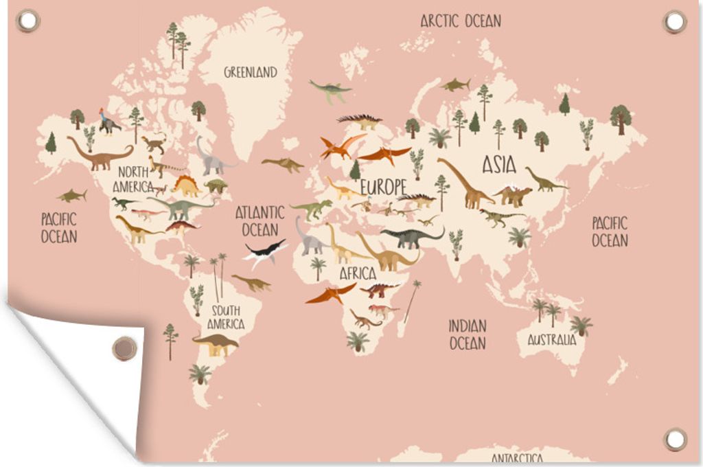 MuchoWow 60x40 cm Outdoor-Poster Gartendeko Sichtschutz Garten Poster für den Garten Weltkarte - Kinderzimmer - Dino's - Mädchen - Kinder - Rosa