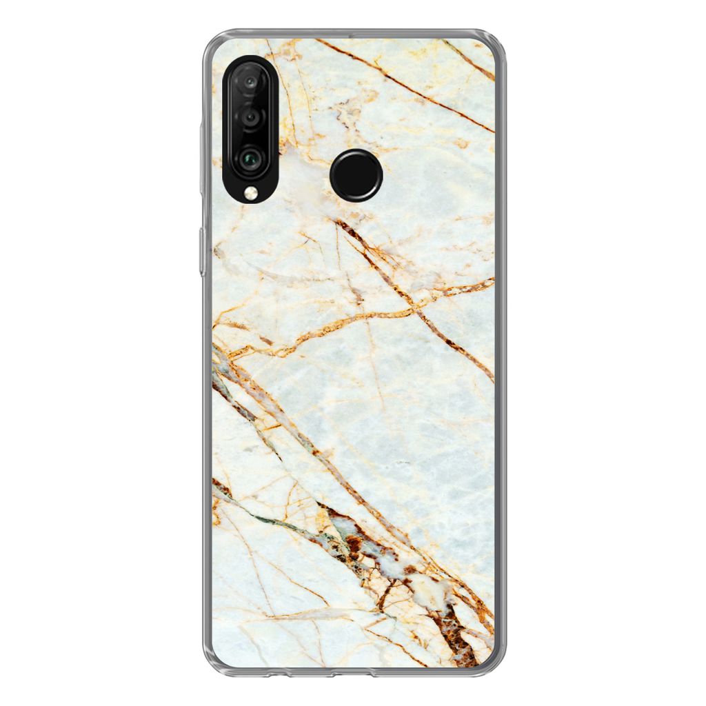MuchoWow Handyhülle Schutzhülle Hülle für Huawei P30 Lite Marmor - Gold - Luxus Silikon Softcase Handy Hülle - Handyhülle - Geburtstag Teen...