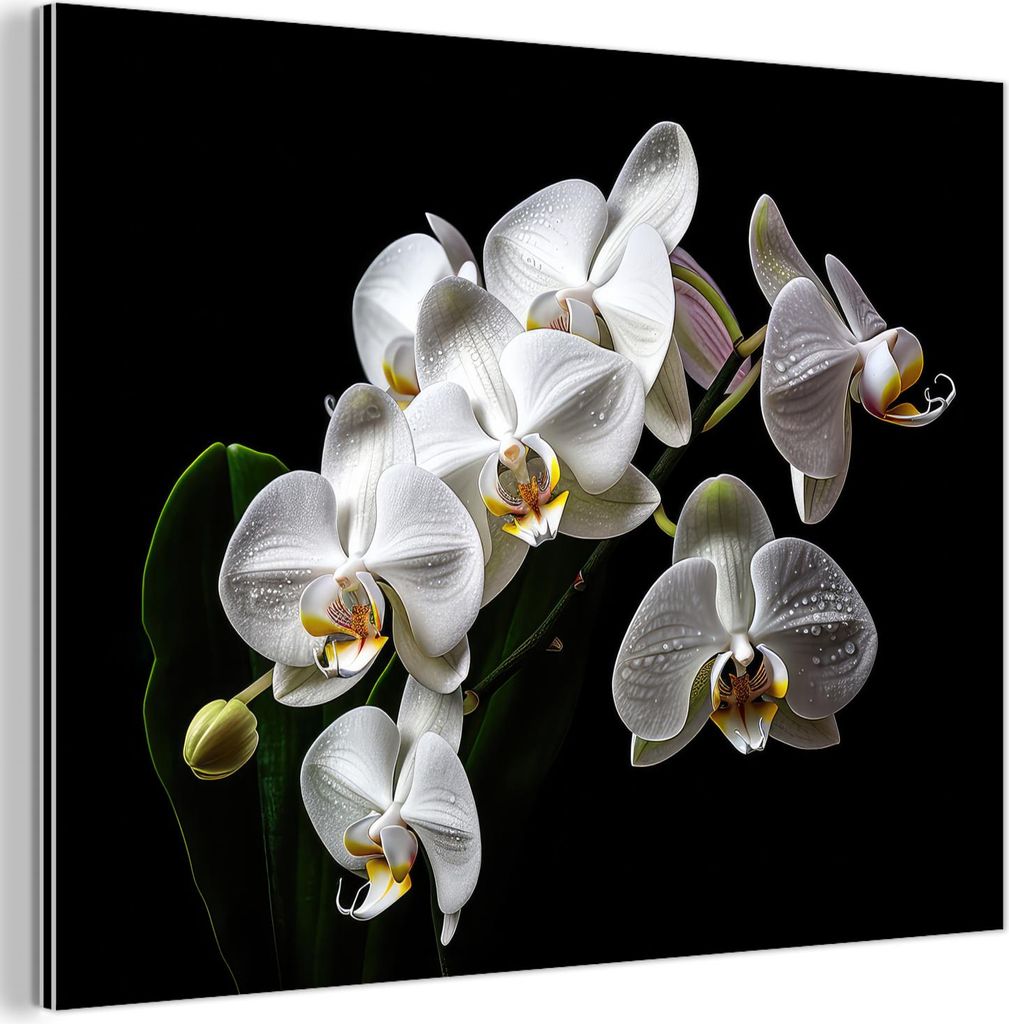 MuchoWow Wanddekoration Metall Metallbild Wandkunst 80x60 cm Orchidee - Blumen - Weiß - Natur - Schwarz MuchoWow Aluminium Gemälde - Alubild