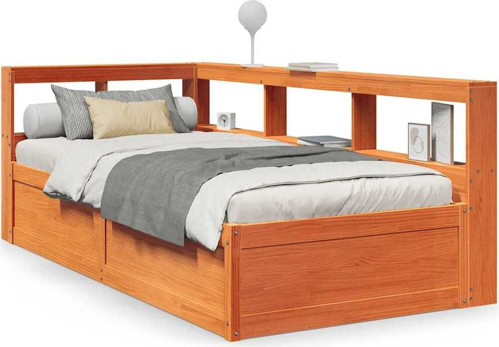 vidaXL Massivholzbett mit Regal ohne Matratze Wachsbraun 90x200 cm
