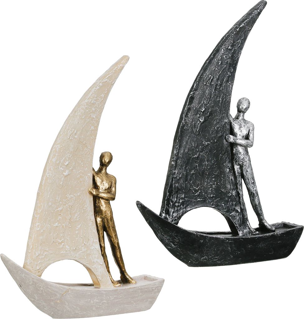 Gilde Figur, Boot, "Sailing", Mannmotiv, Kunstharz, goldfarben, silberfarben, L. 5.5 cm, B. 20 cm, H. 29 cm 57999 4063387579992 2 Stück (2-fach so...