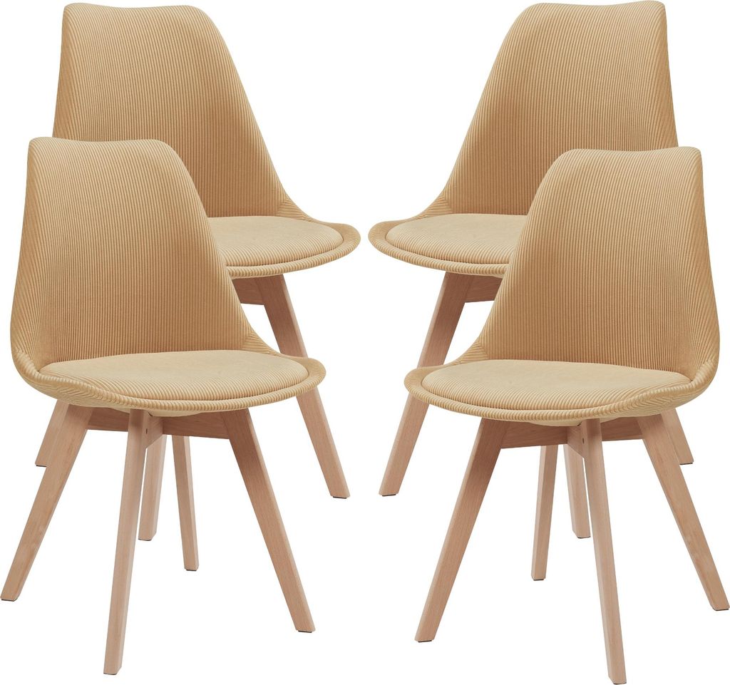 Four beige dining chairs with wooden legs are arranged on a white background.