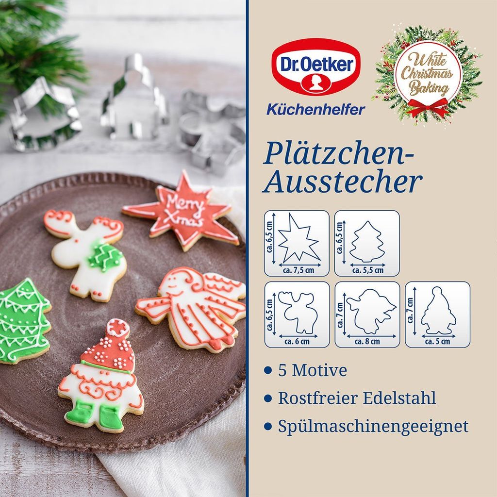 Dr. Oetker 5er Ausstecher-Set, Ausstechformen für Weihnachten, Ausstecher für Plätzchen, Kekse und Fondant, vielfältige Motive, Menge: 1 x 5er Set