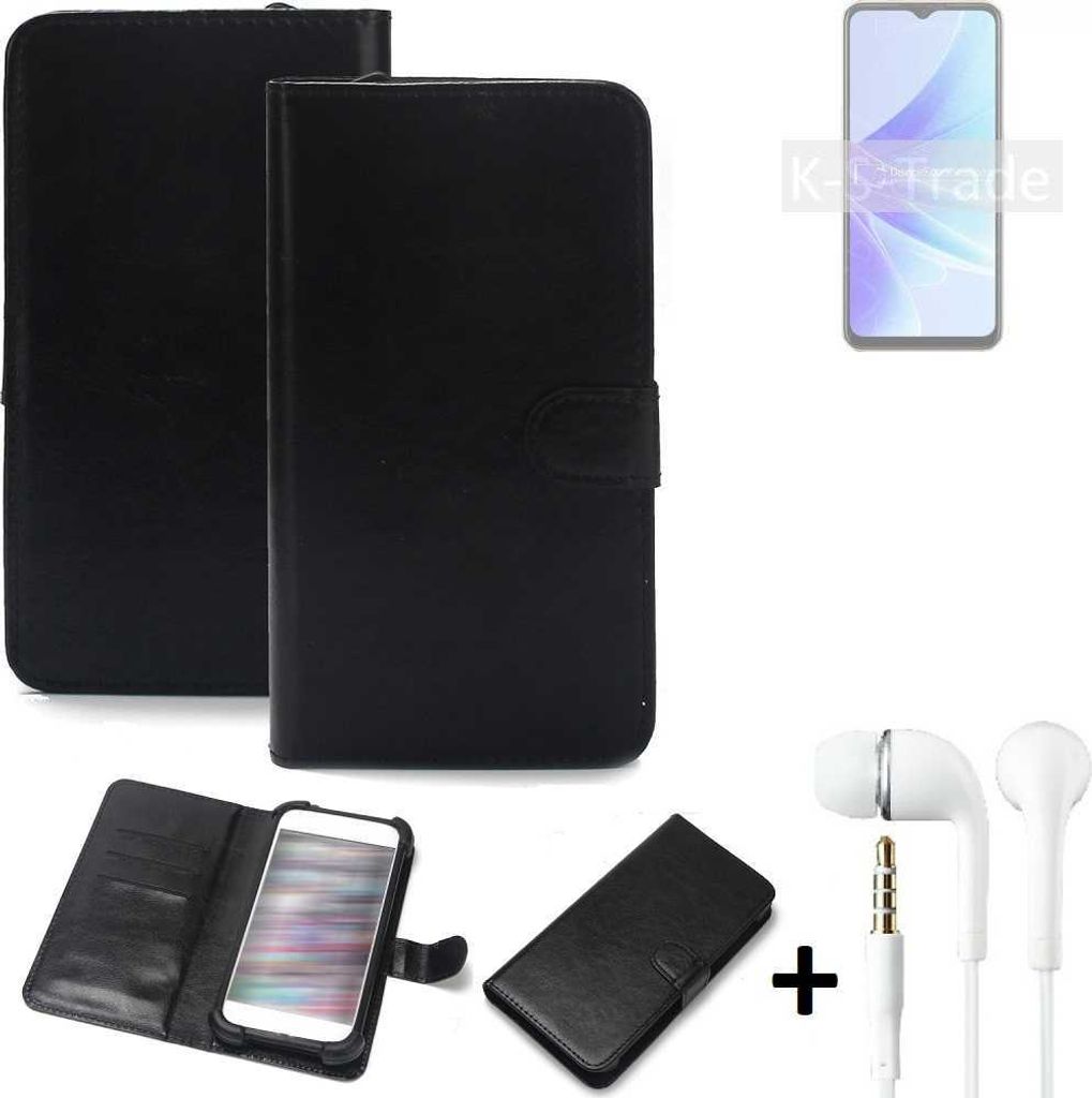 K-S-Trade Wallet Case Handyhülle kompatibel mit Oppo A77s Schutzhülle Flip cover Flipstyle Tasche Hülle Flipcover Slim Bumper schwarz + in ear