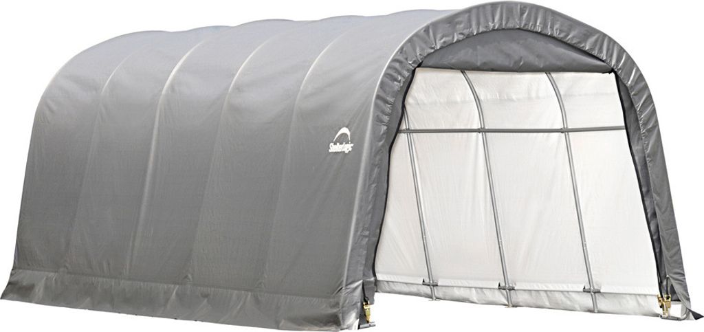 A gray arched tent garage with the front open, showing the white interior and metal frame.