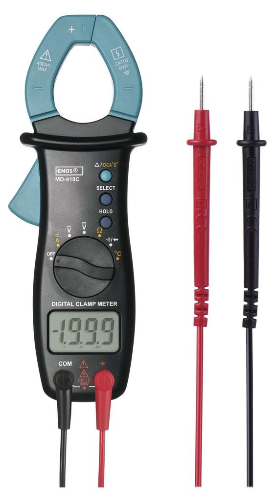 EMOS Digitaler Zangenmultimeter mit Ledertasche und Display, AC, DC Clamp Meter, Spannungsprüfer mit Memory, Messspitzen und Batterien, M0400