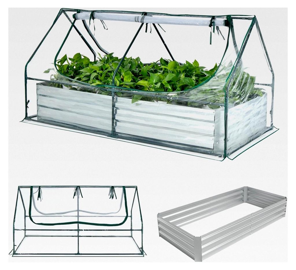 2-in-1 Gewächshaus mit Hochbeet, Foliengewächshaus für den Winter, Frühbeet aus Metall und PVC-Folie, Tomatenhaus mit 2 Fenstern, Blumenkasten ...