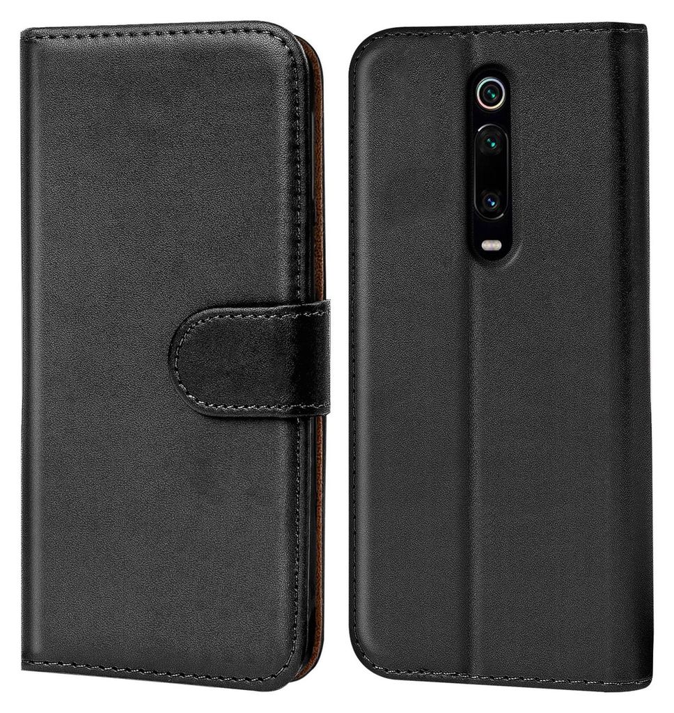 A black flip case for a smartphone, shown from the front and back.