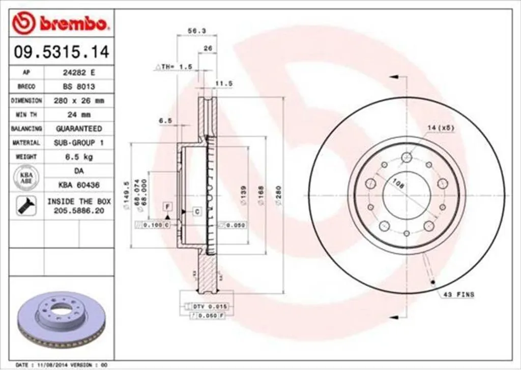 Disque de frein Brembo 09.5315.14 ventilé 280mm pour Volvo 740 940