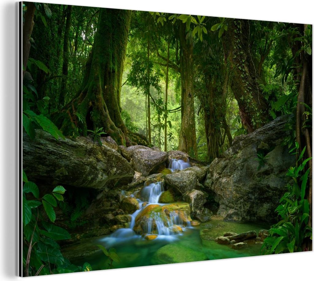 MuchoWow Wanddekoration Metall Metallbild Wandkunst 120x80 cm Dschungel - Steine - Wasser - Natur - Pflanzen MuchoWow Aluminium Gemälde - Alu Bild
