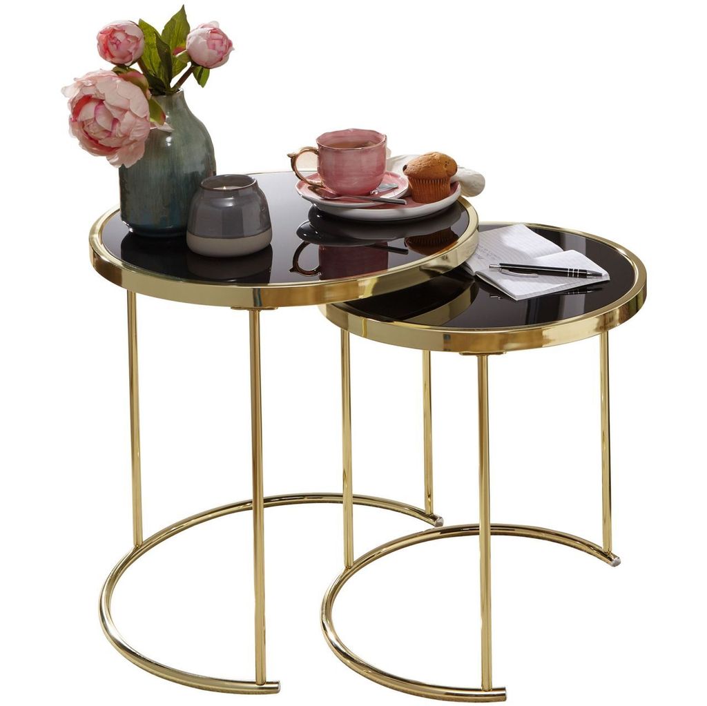 Design Satztisch COMO Schwarz/Gold Beistelltisch Metall/Glas, Couchtisch Set aus 2 Tischen, Kleiner Wohnzimmertisch, Metalltisch mit Glasplatte, Ab...