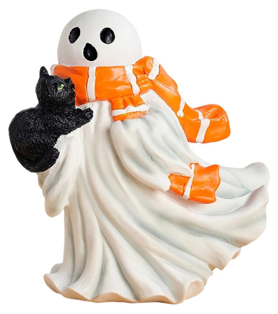 Halloween-Geisterfigur, weißer Geist mit Kürbis und Katze, gruselige Harzfigur, gravierte Halloween-Dekoration