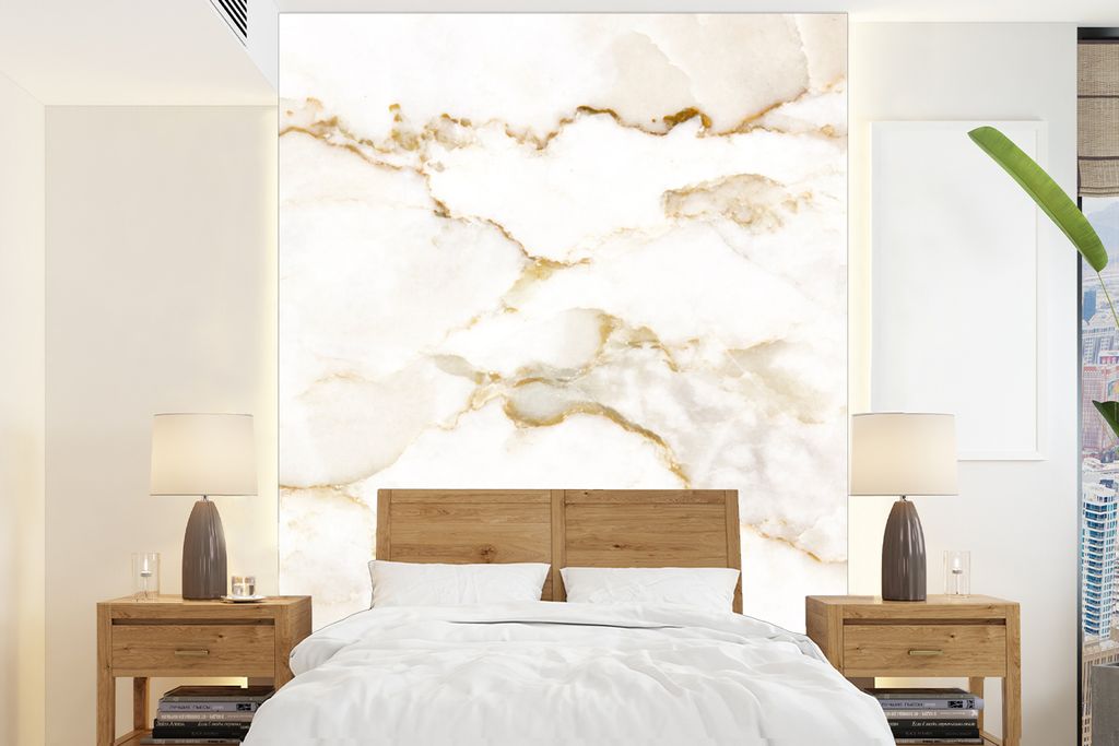 MuchoWow Fototapete für Wohnzimmer oder Schlafzimmer Wandtapete Vinyl Motivtapete Marmor - Limette - Gold - Luxus - Marmoroptik - Weiß - 195x26...