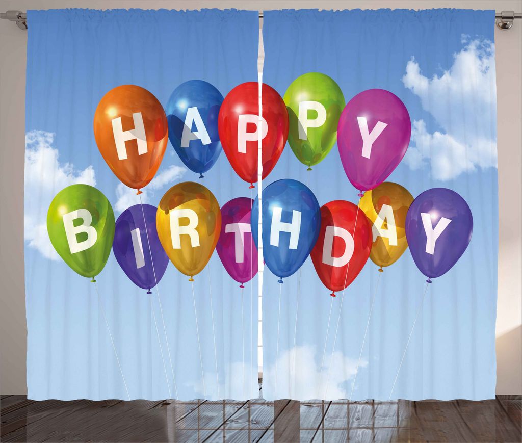 ABAKUHAUS Geburtstag Rustikaler Vorhang, Luftballons Letters Sky, Wohnzimmer Universalband Gardinen mit Schlaufen und Haken, 280 x 175 cm, Mehrfarbig