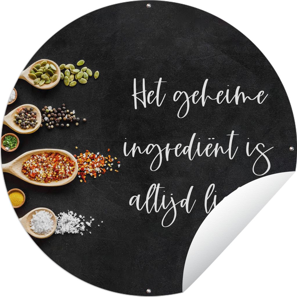 MuchoWow Gartenposter Outdoor-Poster Rund Sprüche - Küche - Die geheime Zutat ist immer die Liebe! - Zitate - Liebe Ø 150 cm Gartendeko Rundes...