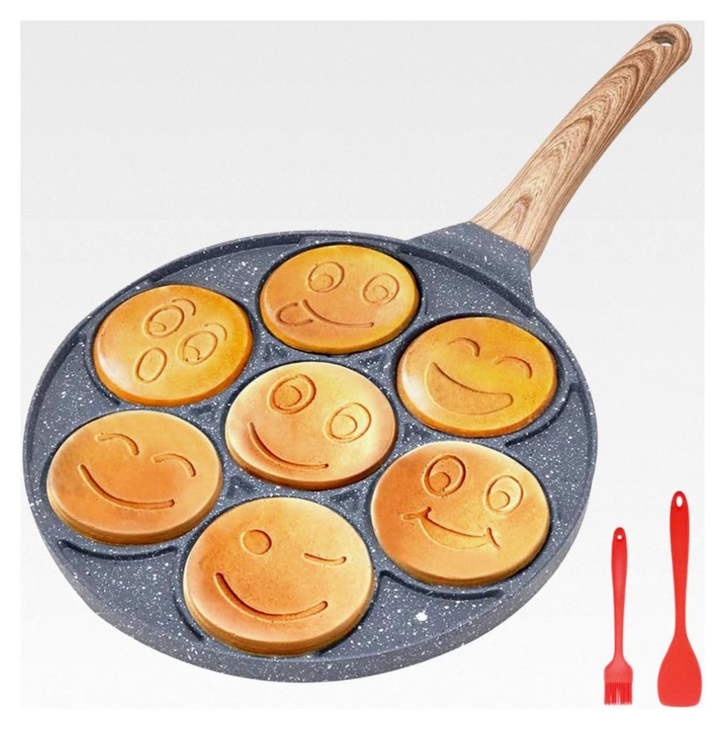 Pancake-Pfanne 26 cm, Antihaft-Pfanne mit 7 Löchern und Smiley-Muster für Induktion, Mini-Crepes Frühstück