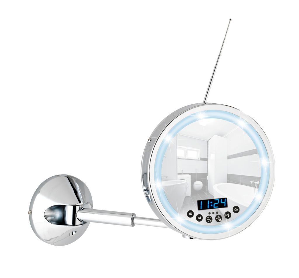 A round, wall-mounted mirror with LED lights and a digital display, mounted on a chrome arm.