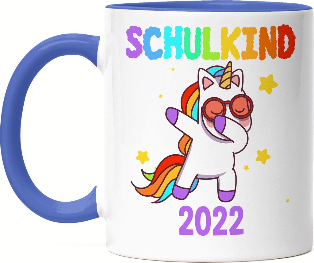 Schulkind 2022 Tasse Blau Einschulungsgeschenk Einhorn Unicorn Fans Buntes Motiv Regenbogen