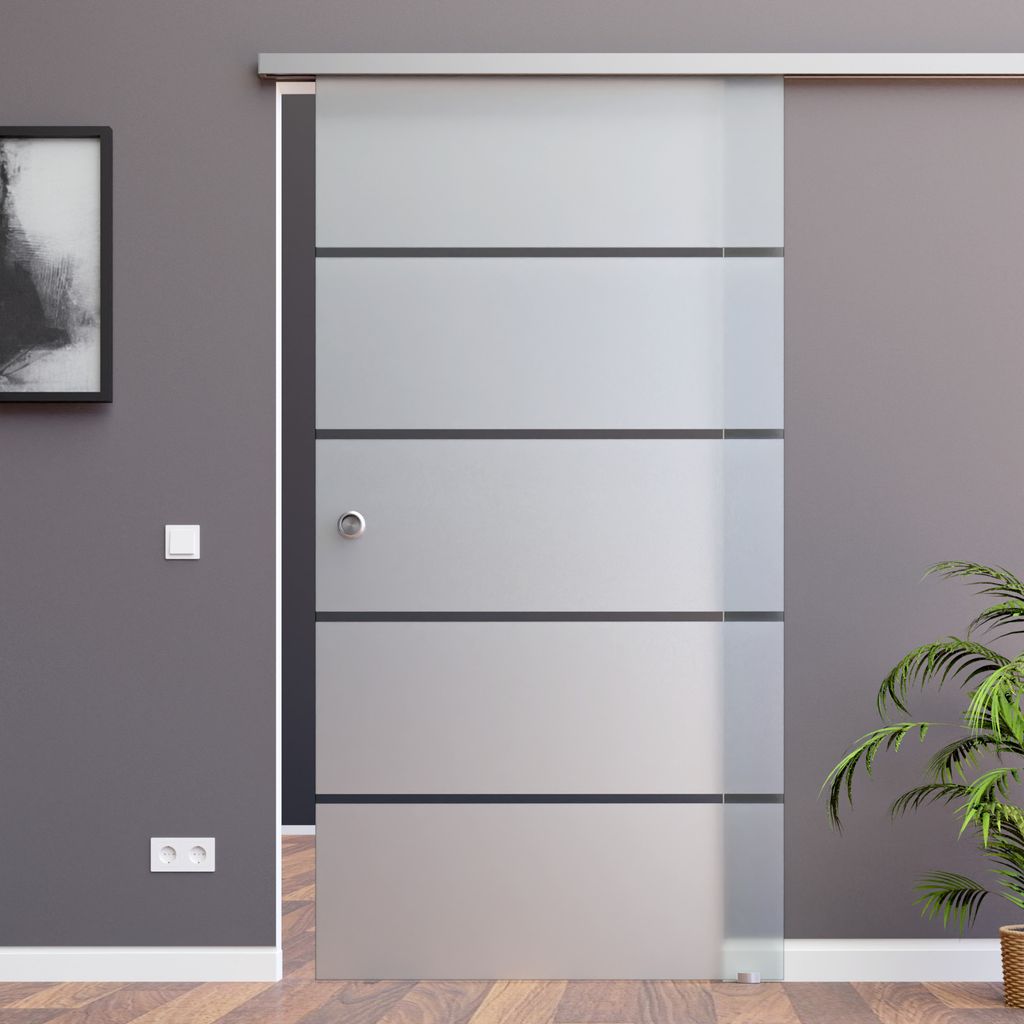 Glas Schiebetür Komplettset AMOD mit SoftClose (Selbsteinzüge) 900 x 2050 mm, Design P1, SlimLine und Griffmuschel BP1-900-ASE