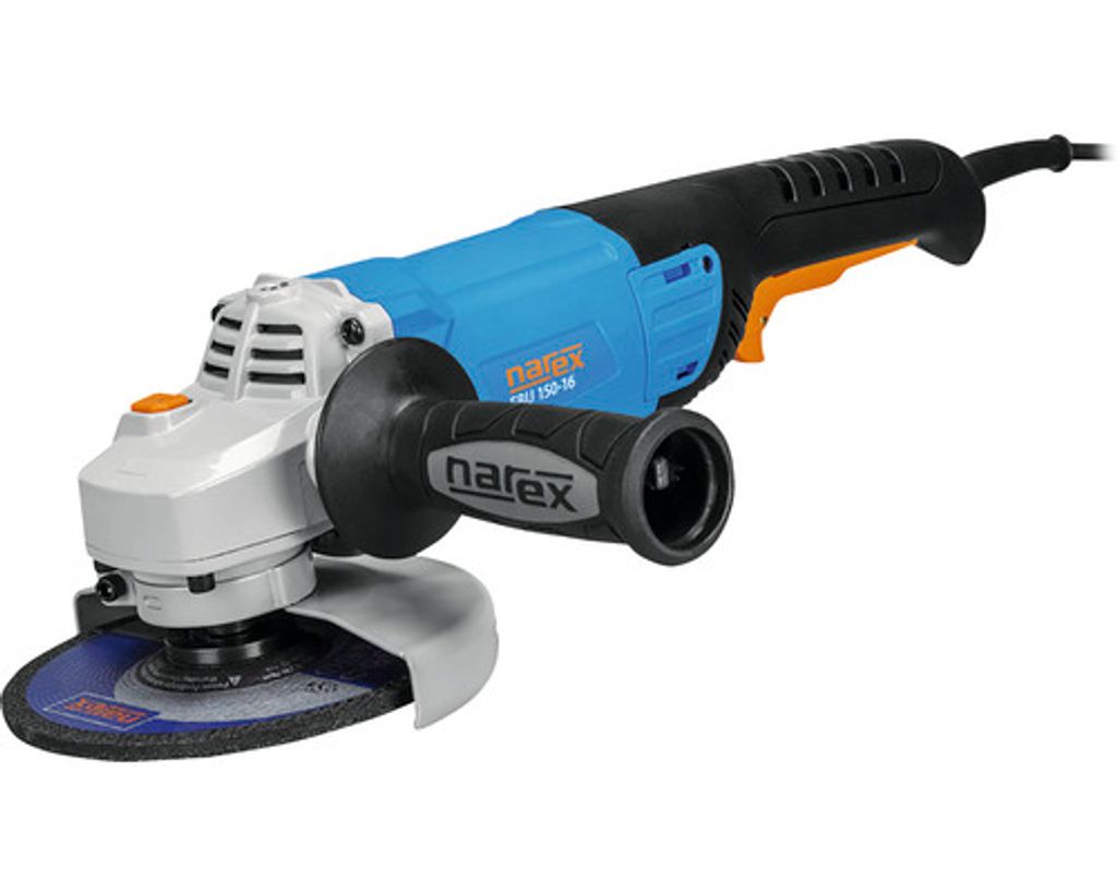 A studio shot of an angle grinder against a white background.