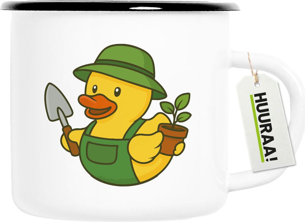 Huuraa Emaille Tasse Quietscheente Gartenbau Comic Gummiente 300ml Vintage Campingbecher Geschenkidee