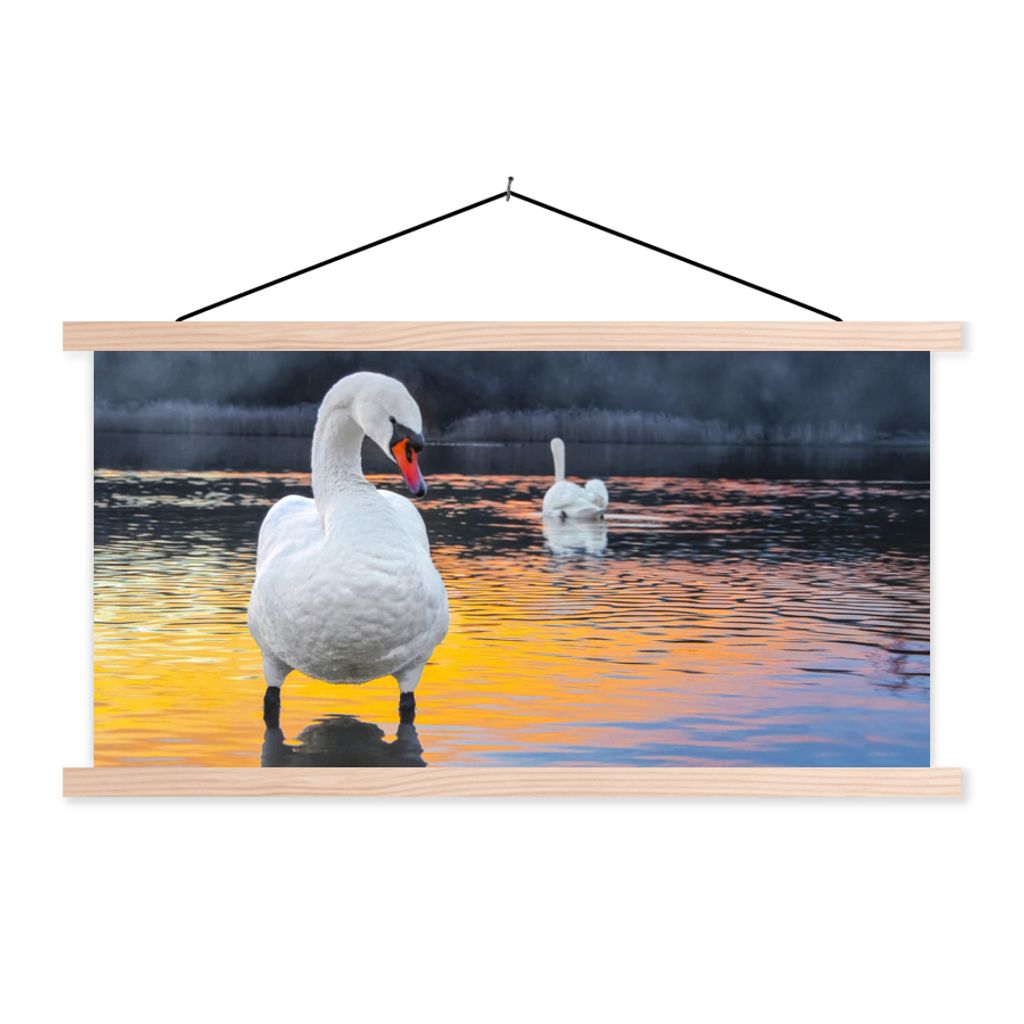 MuchoWow Textilposter Schwan - Vogel - Sonnenuntergang - Wasser 60x30 cm mit holzfarbenen Rahmen - Dekoration